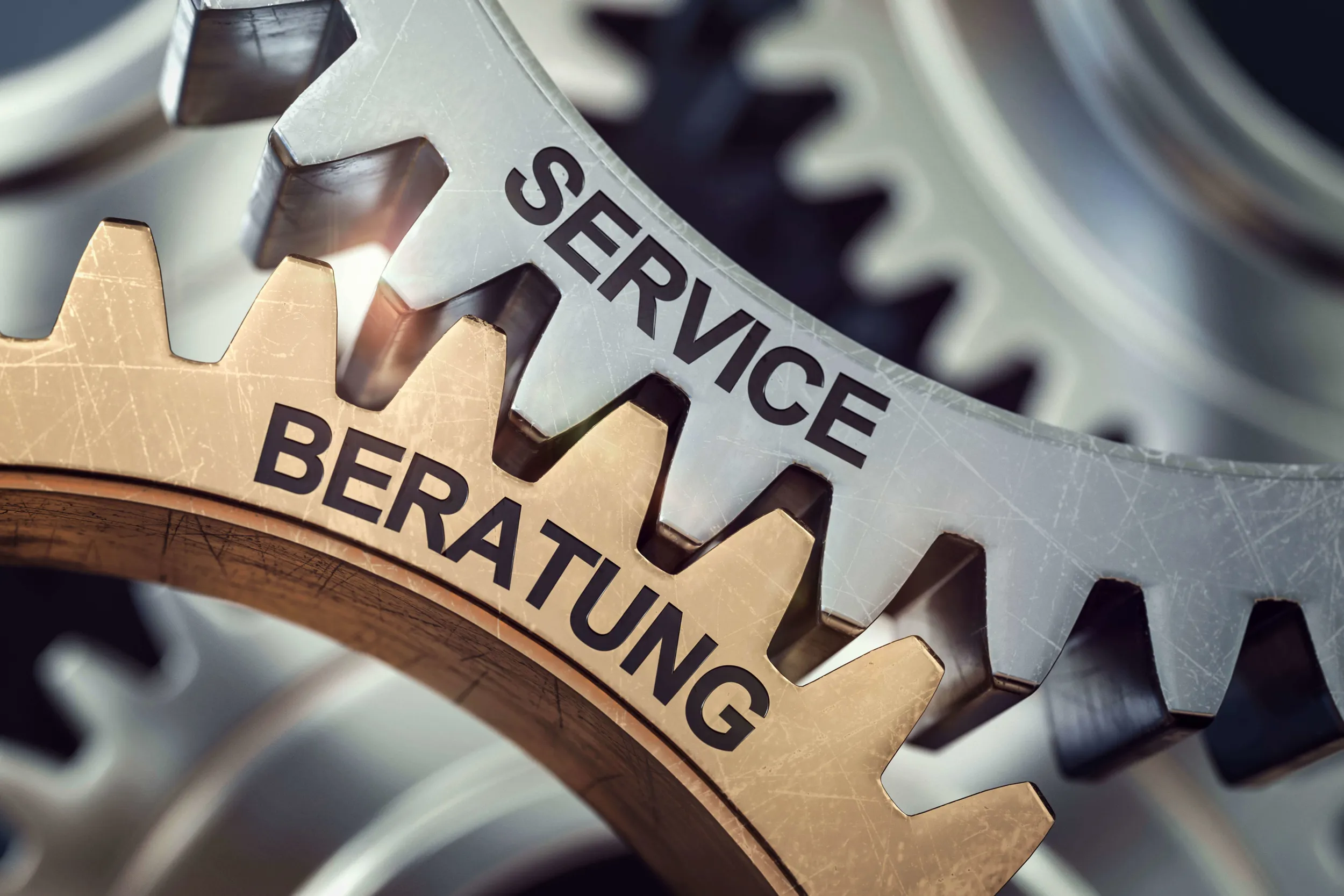 Ein silbernes Zahnard mit der Beschriftung Service und ein bronzenes Zahnrad mit der Beschriftung Beratung laufen ineinander